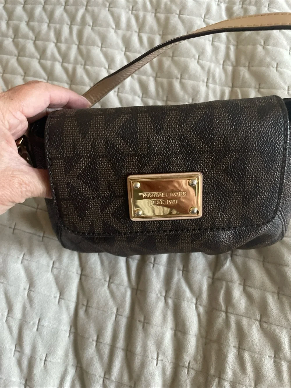Michael Kors Brown Logo Crossbody with Pale tan Strap and Gold Plaque